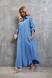 Elegant Blue Button-Down Dress with Side Slit