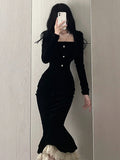 Long Sleeve Sleek Pearl Buttons Black Midi Dress
