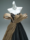 A Line Off The Shoulder Beading Black & Gold Prom Dress