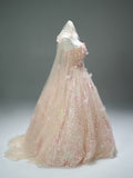 Ball Gown Sequin Tulle Pink Flower Prom Dress