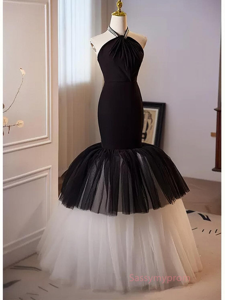 black and white mermaid prom dress Mermaid Black White Wedding Dresses Lace Long Prom Dresses Black / US4