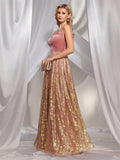A Line Corss Criss Back Pink Sequin Prom Dress