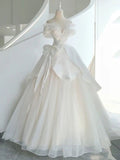 Off The Shoulder Bow Tulle Ball Gown Wedding Dress