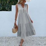 Yellow V Neck Button Layered Hem Smock Dress