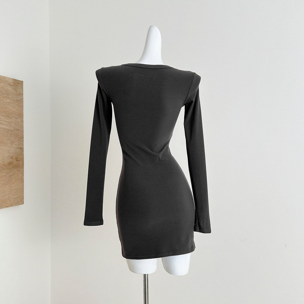 Long Sleeves Black Ribbed Knit Bodycon Dress M / Gray Long Sleeves Black Ribbed Knit Bodycon Dress M / Gray