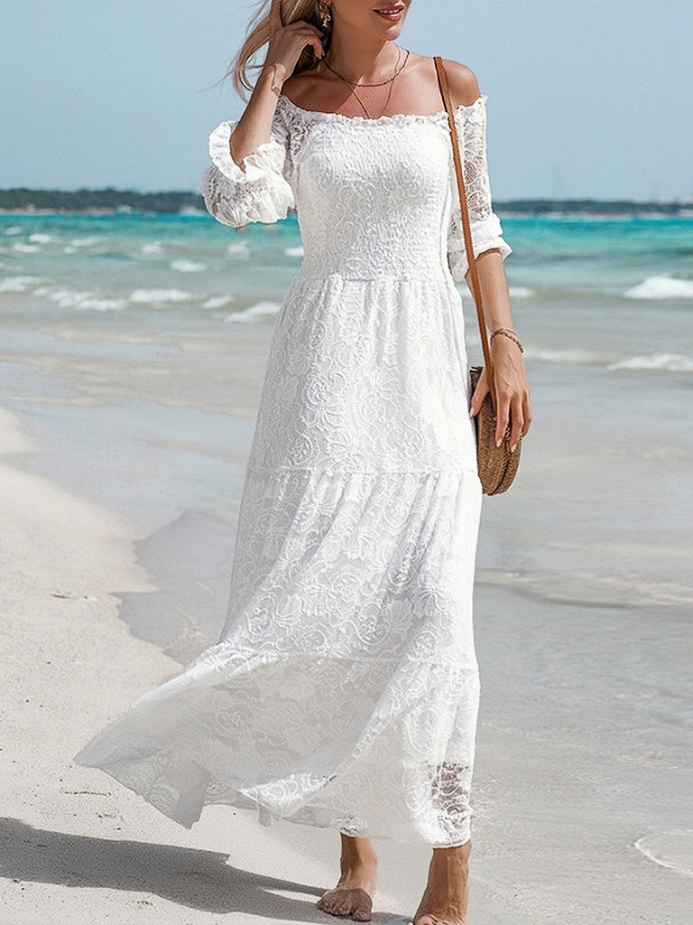 contrast lace flowy dress Contrast Lace Flowy Ruffle Trim Dress,Valentine's Day Outfit,Spring/Summer