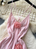 3D Flower Criss Cross Straps  Blush Pink Maxi Dress