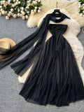 Neck Scarf Black Strapless Maxi Dress