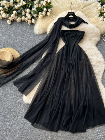 Neck Scarf Black Strapless Maxi Dress