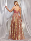 A Line Corss Criss Back Pink Sequin Prom Dress