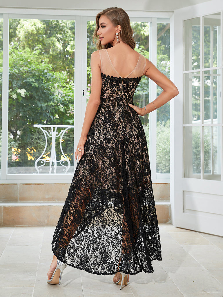 black lace top bridesmaid dress High-low Chiffon dress with
