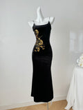 Artistic Golden Accents Black Full-Length Dress