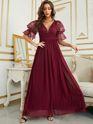 Burgundy  Puff Sleeve Chiffon Bridesmaid Dress