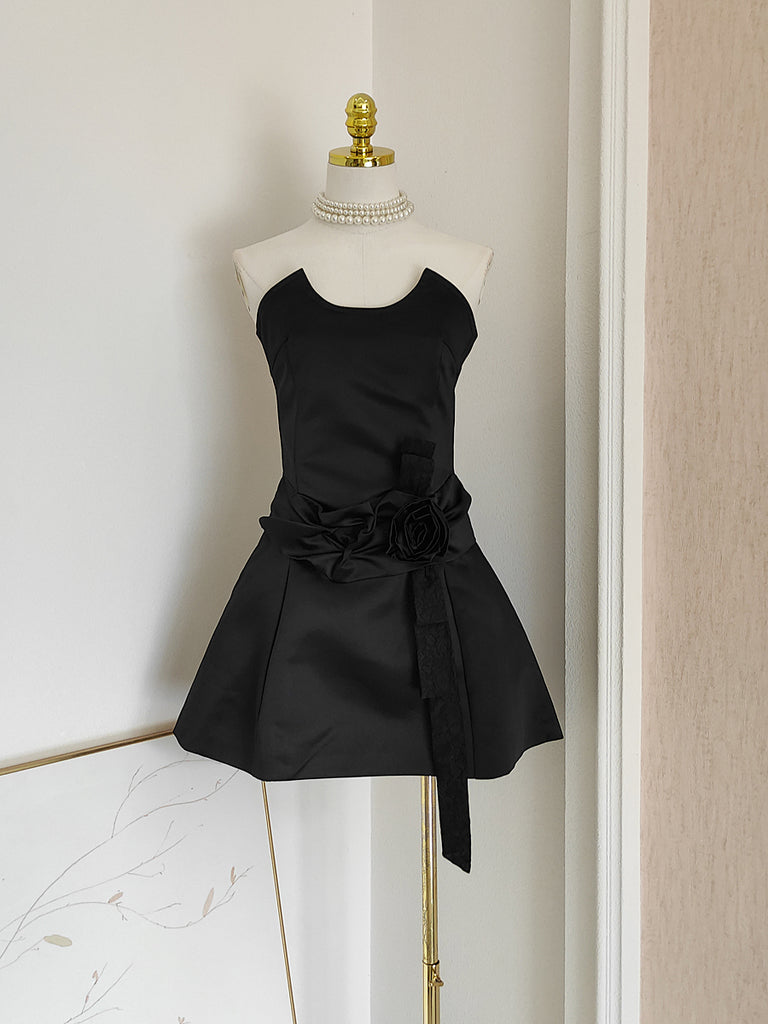Satin Short Mini Flower Black Strapless Homecoming Dress Sassymyprom Satin Short Mini Flower Black Strapless Homecoming Dress Sassymyprom