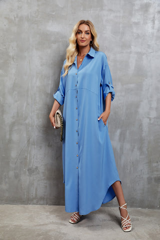 Elegant Blue Button-Down Dress with Side Slit
