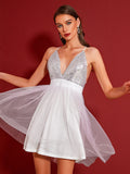 Shimmering Sequins White Tulle Cocktail Dress