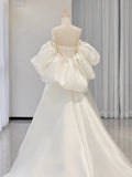 Satin Puffy Sleeves Mesh Sweetheart A Line Wedding Dress