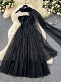 Neck Scarf Black Strapless Maxi Dress