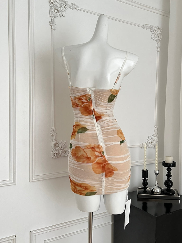 orange ruched mini dress Orange Floral Pattern Ruched Mini Dress M