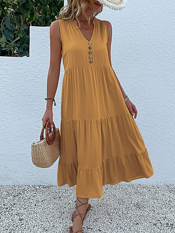 Yellow V Neck Button Layered Hem Smock Dress XL / Dark Gray Yellow V Neck Button Layered Hem Smock Dress XL / Dark Gray