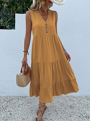 Yellow V Neck Button Layered Hem Smock Dress