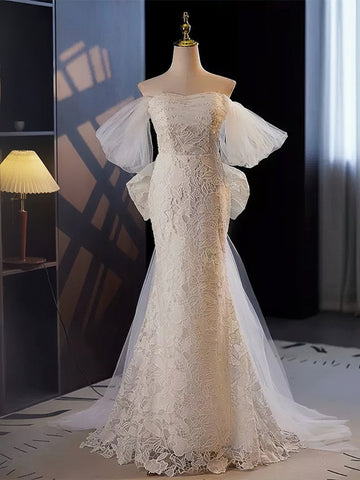 Off The Shoulder Lace Trumpet Mermaid Wedding Dress With Bow