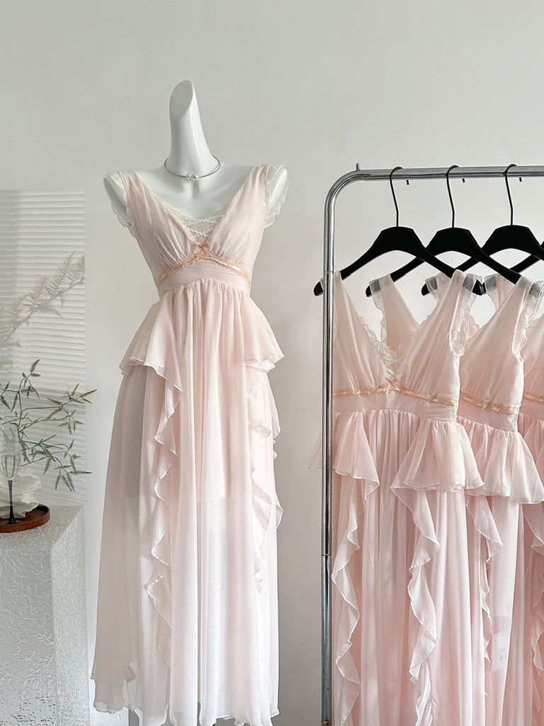 Asymmetric Ruffle Sleeveless Chiffon Pink Dress L
