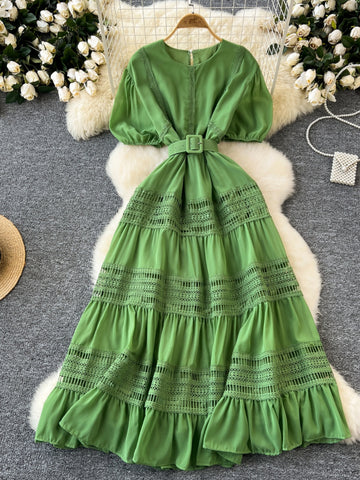 Waist Belt Green Maxi A Line Dress