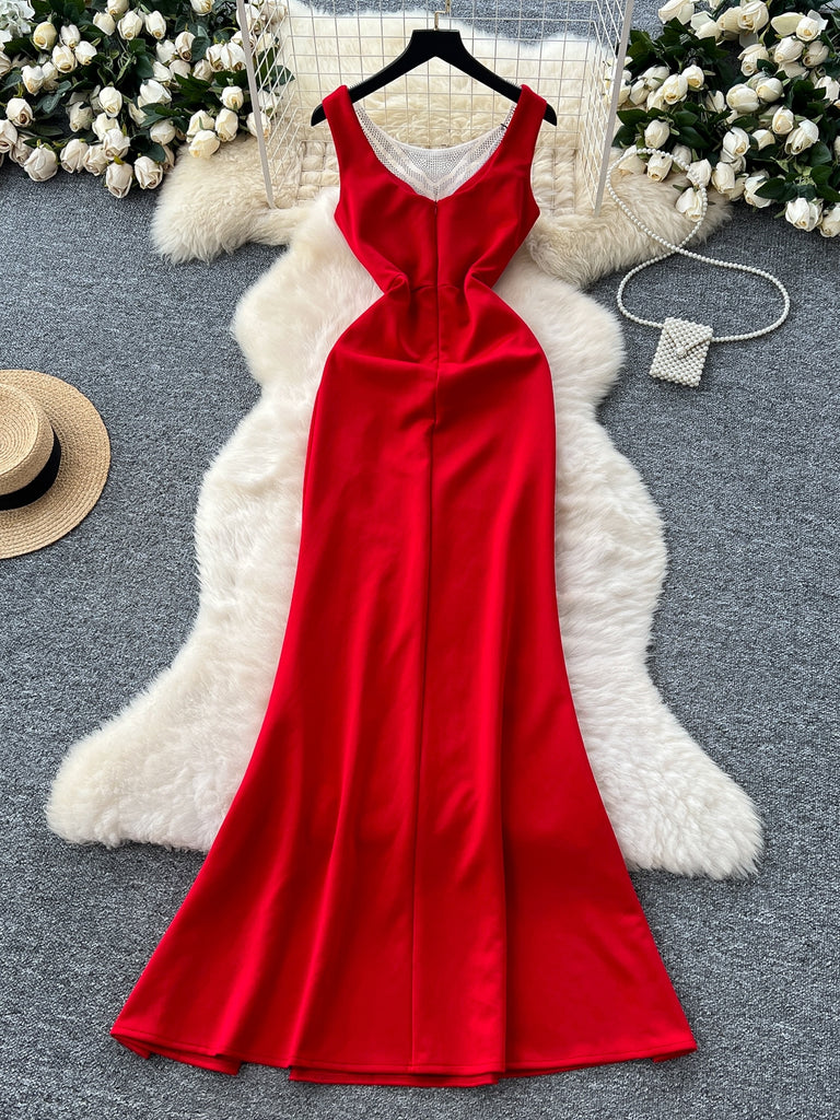 Red Satin Maxi Crystal Party Dress S / Red