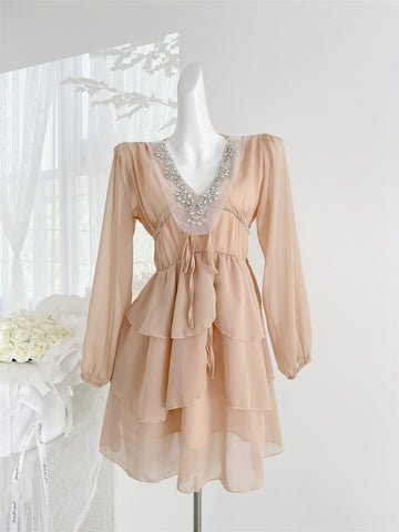 Sparkling Embellished V-Neck Long Sleeves Flowy Layered Dress