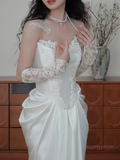 Appliques Strapless Ruched Satin Trumpet Meramid Wedding Dress