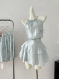 Halter Top Tiered Skirt Ensemble Soft Blue Set