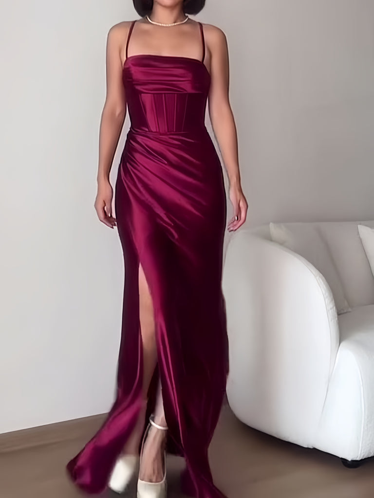 2024 Dark Red Satin Mermaid Lace Up Party Maxi Dress Sassymyprom 2024 Dark Red Satin Mermaid Lace Up Party Maxi Dress Sassymyprom