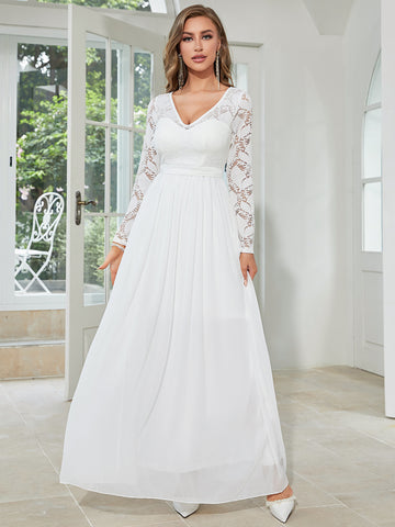 White V-neck Long Sleeves Bridesmaid Dres