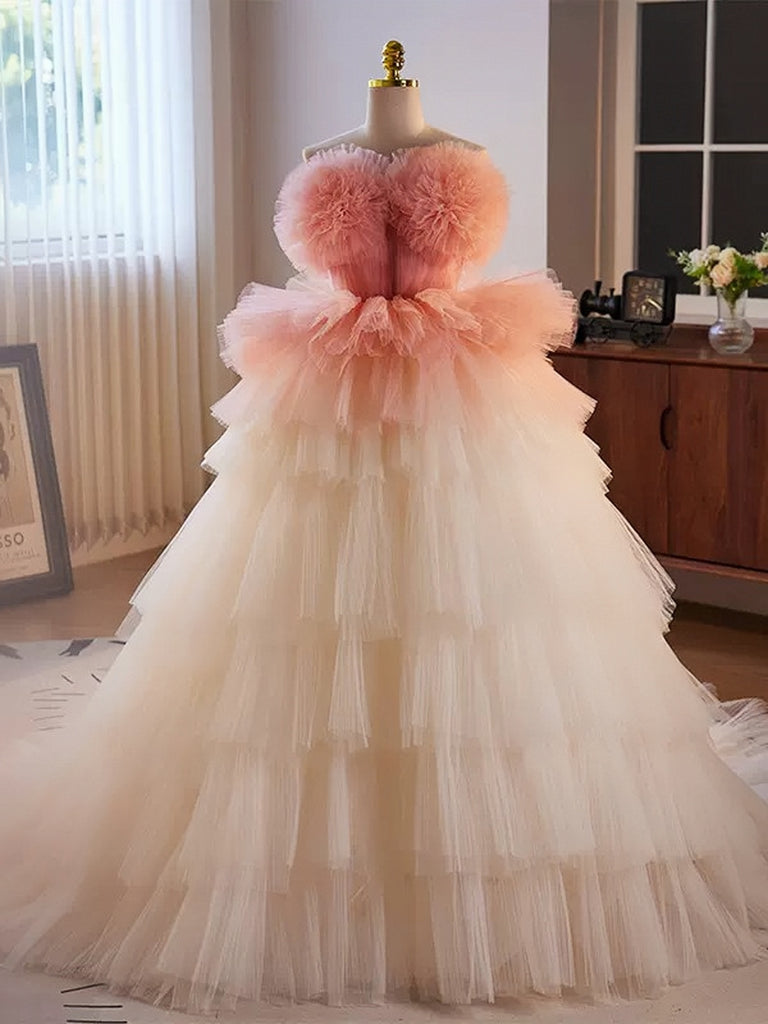 ombre tulle prom dress Gorgeous Tulle Ombre Ball Gown V-neck Long Prom Dresses With Lace Appliques, MP840