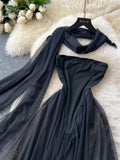 Neck Scarf Black Strapless Maxi Dress