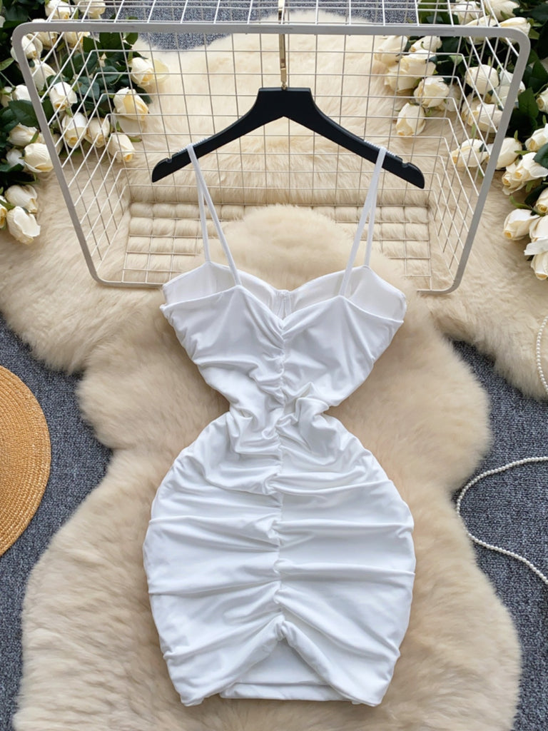 short white bodycon dress strapless Georgia Ruched Notch Neck Bodycon Mini Dress  Shop American Threads Women's Trendy Online Boutique White / S Package Contents White Satin Dress - Square