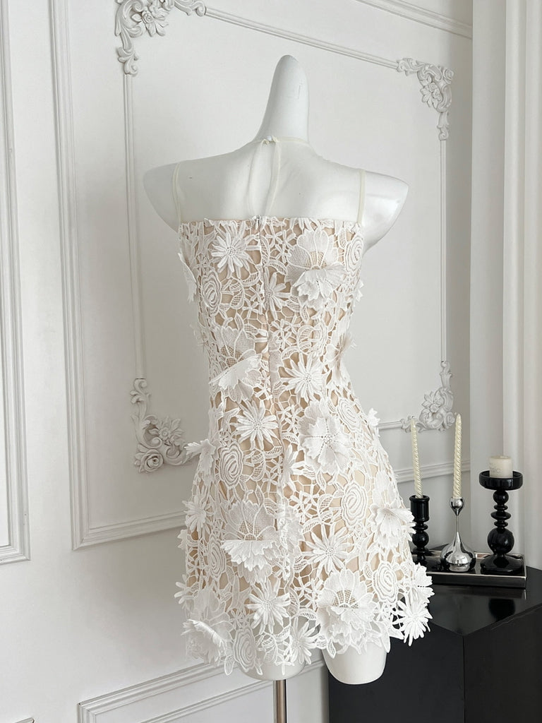 3d floral asymmetrical mini dress Odalys White 3D floral Mini Bridal Look Dress M