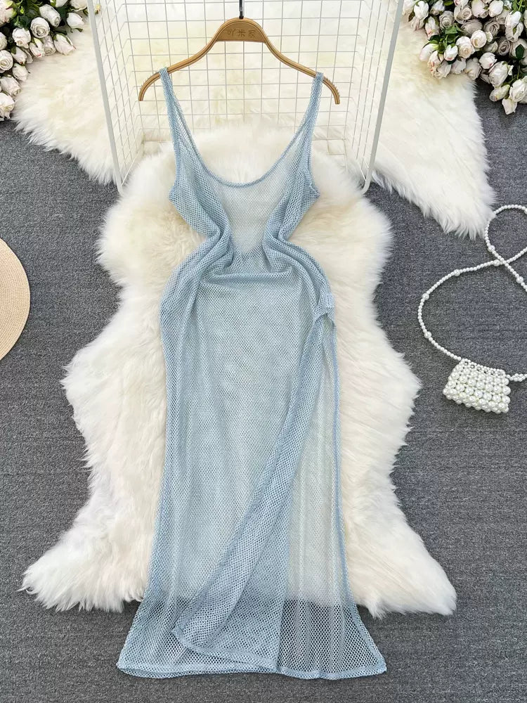 2024 Ethereal Blue Mesh Overlay Summer Slip Dress M / Silver 2024 Ethereal Blue Mesh Overlay Summer Slip Dress M / Silver