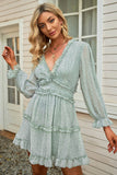 Green Floral Ruffled V-Neck Dress