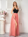 A Line Pink V Neck Bow Tulle Prom Dress