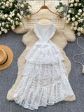 Tiered Ruffled Spaghetti Straps White Lace Maxi Dress