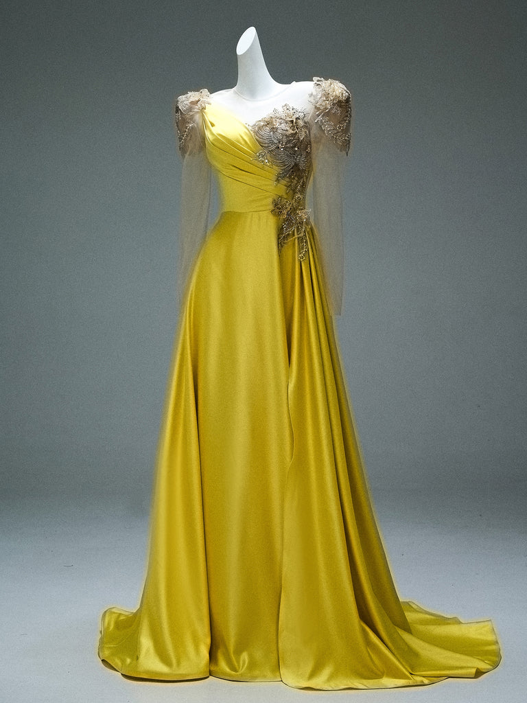 Scoop Yellow Beading Backless Long Sleeve Prom Dress Sassymyprom Scoop Yellow Beading Backless Long Sleeve Prom Dress Sassymyprom