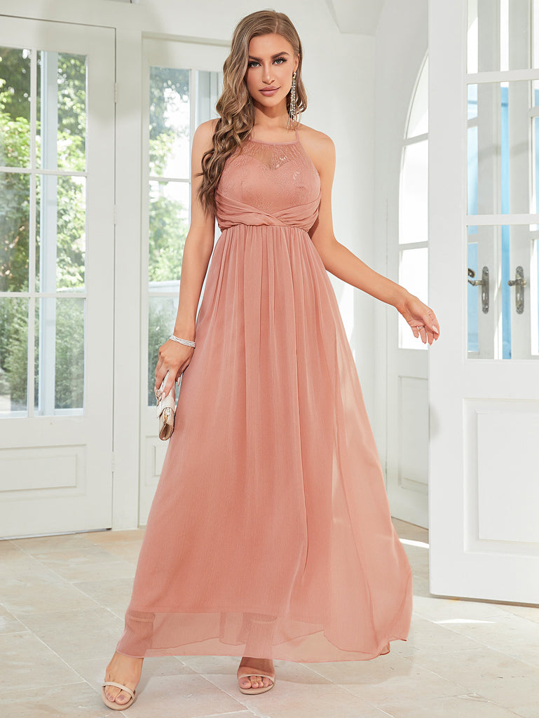 2023 Pink Contrast Lace Tie Back Bridesmaid Dress M
