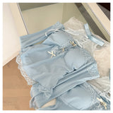 Puffy Lace Mini Skirt Light Blue Long Seeved Top