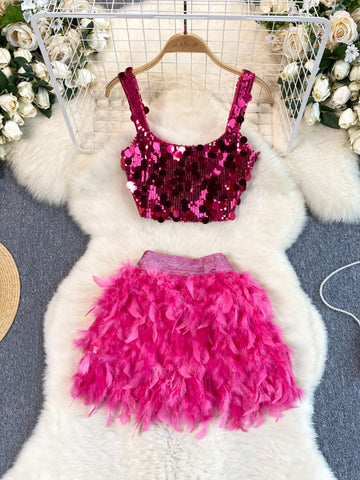 Electric Pink Sequin and Feather Skirt Dance Set