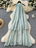 Green Sequined Top Flowing Chiffon Elegant Halter Dress