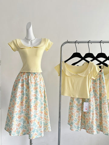 Yellow Peter Pan Collar Crop Top Floral Printed Midi Skirt