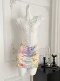White Lace Trimmed Crop Top with Colorful Floral Skirt