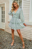 Green Floral Ruffled V-Neck Dress